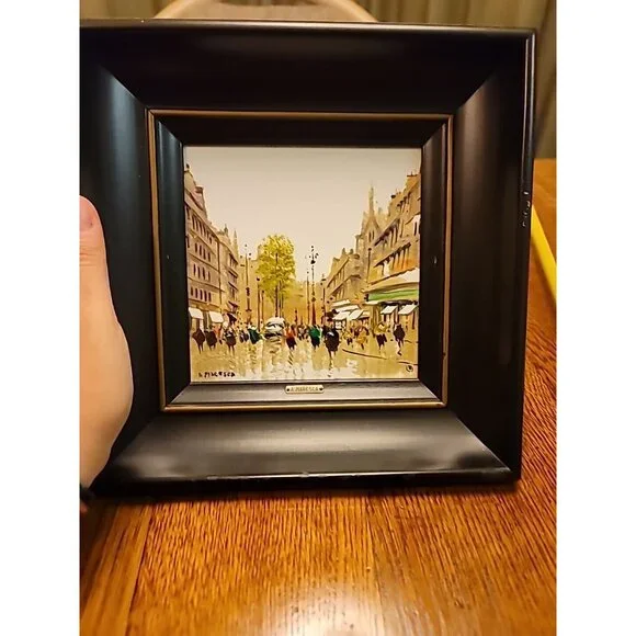 Lot of 2 "A Street in Paris" Paintings Oil Painted Tiles M. Maresca 1949. Set